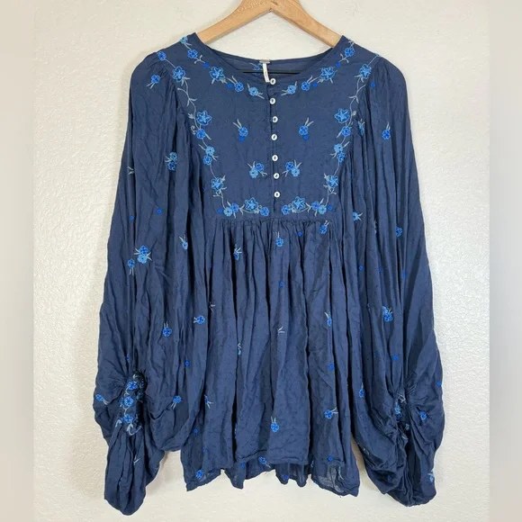 Free People Kiss From A Rose Long Sleeve Floral Embroidered Boho Blouse Small - Picture 6 of 12